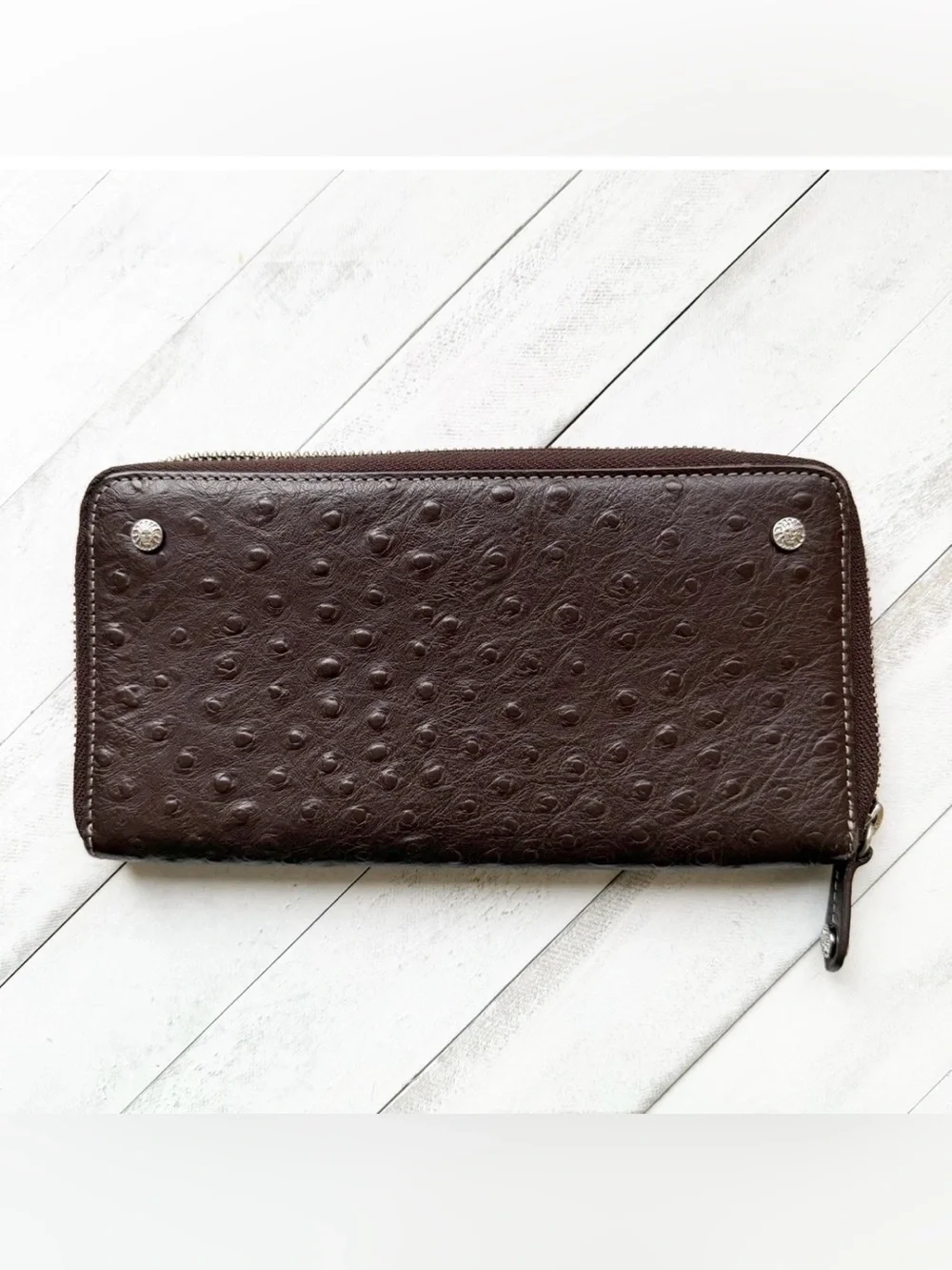 Anne Klein Genuine Ostrich Leather Zip Around Continental Wallet Brown 8